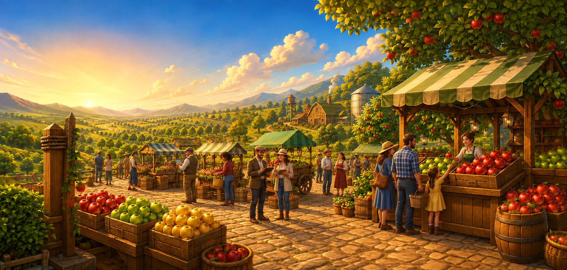 A bustling illustrated farmers market