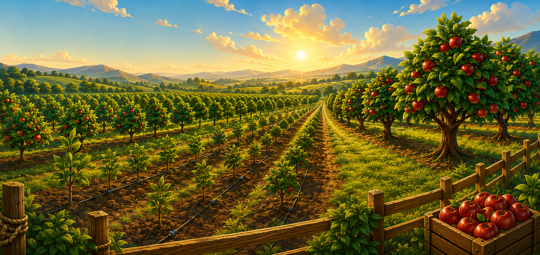 Rows of apple trees ready for harvest
